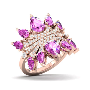 Maurya Graduated Pink Amethyst Lotus Cocktail Ring with Accent Diamonds