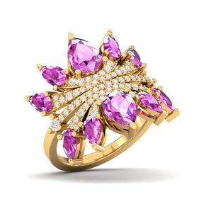 Maurya Graduated Pink Amethyst Lotus Cocktail Ring with Accent Diamonds