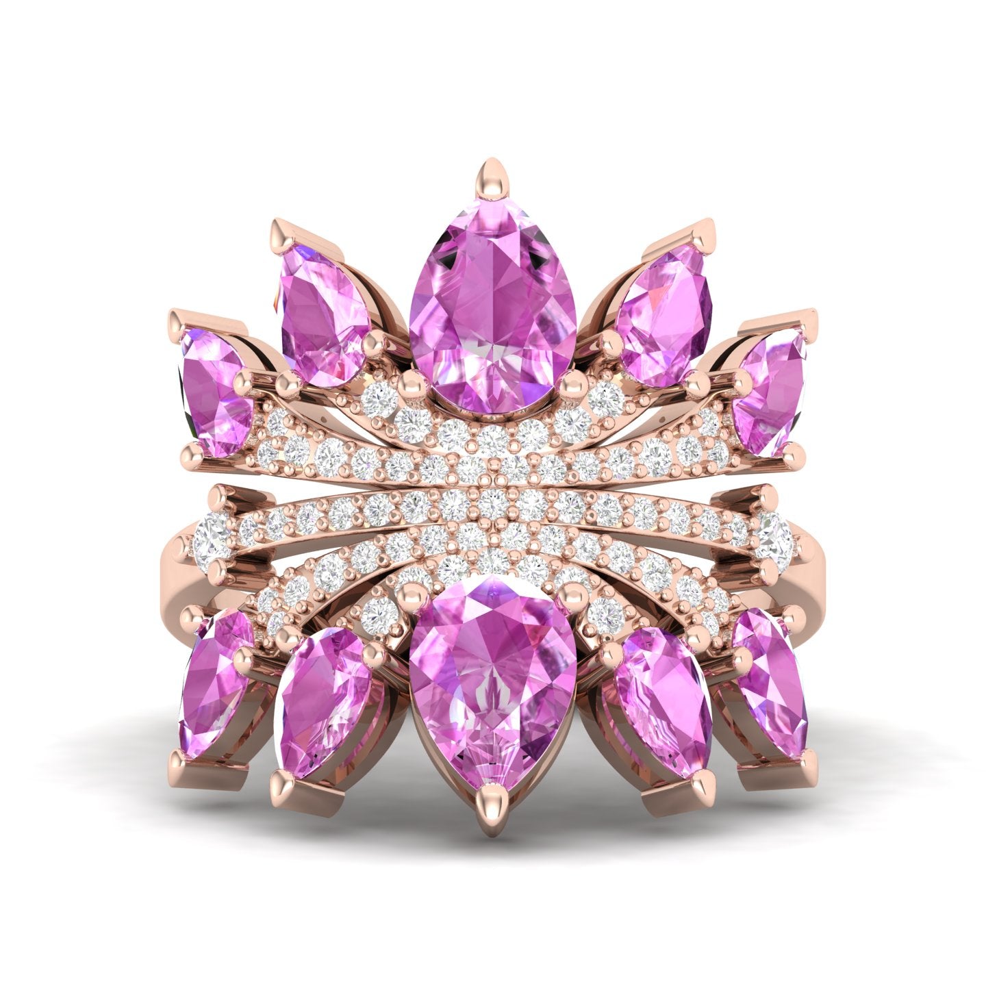 Maurya Graduated Pink Amethyst Lotus Cocktail Ring with Accent Diamonds