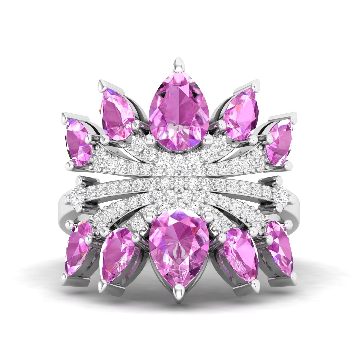 Maurya Graduated Pink Amethyst Lotus Cocktail Ring with Accent Diamonds