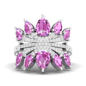 Maurya Graduated Pink Amethyst Lotus Cocktail Ring with Accent Diamonds