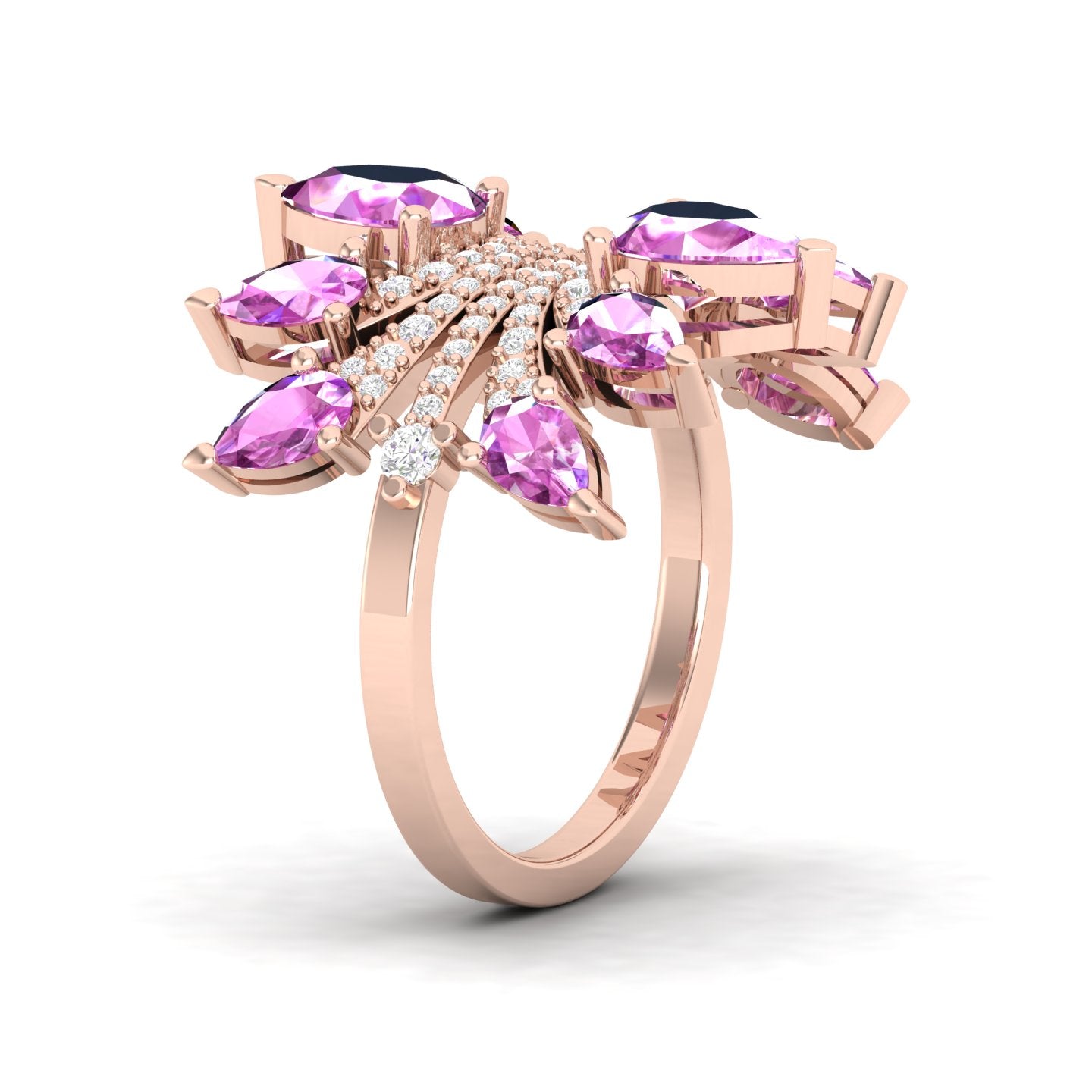 Maurya Graduated Pink Amethyst Lotus Cocktail Ring with Accent Diamonds