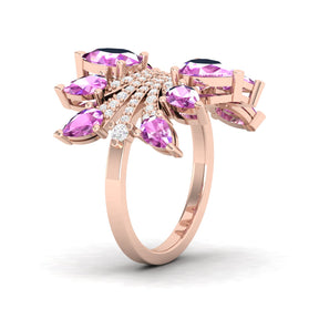 Maurya Graduated Pink Amethyst Lotus Cocktail Ring with Accent Diamonds