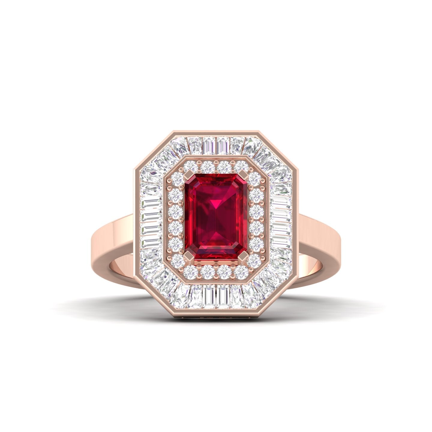 Maurya Recherche Octagon Ruby Engagement Ring with Diamond Halo