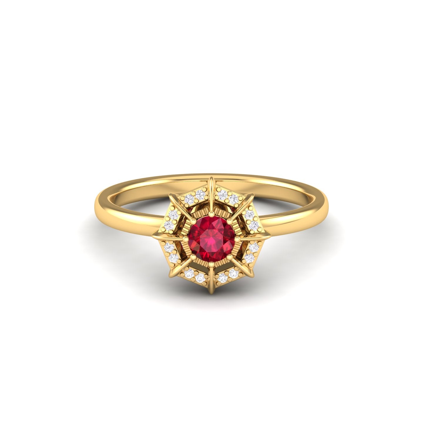 Maurya Solitaire Ruby Light in the Dark Promise Ring with Diamond Halo