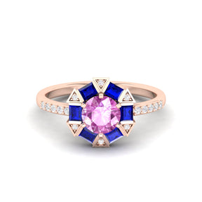 Maurya Spiritual Center Pink Amethyst Halo Engagement Ring with Diamond and Sapphire